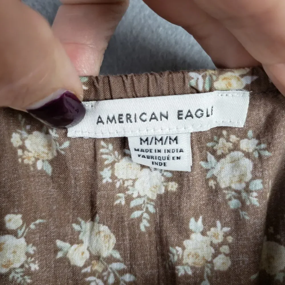 American Eagle Women's M Tiered Babydoll Crop Blouse‎ Brown Floral Cottagecore